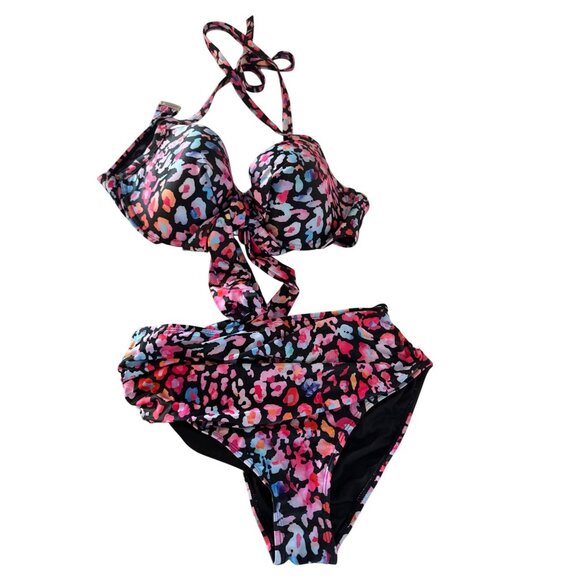 Tempt Me Two Piece Womens Bikini Size L Multicolor Animal Print Halter Padded To - Picture 1 of 12